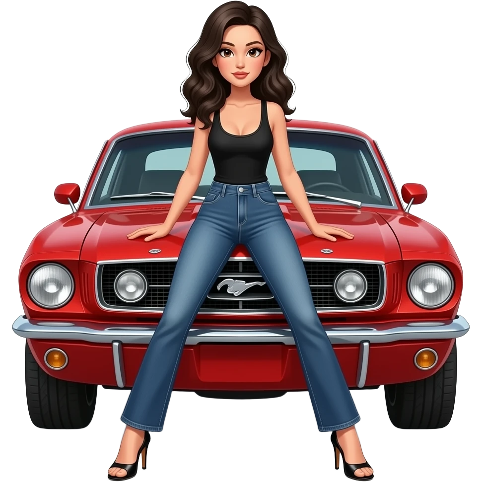Pale girl with wavy jet black hair and brown eyes in front of a red ford mustang 1968 coupe. Girl wearing a sheer black sleeveless top, low rounded neckline, jeans and heels with visible toes. Legs spread and hands resting on the hood. emoji