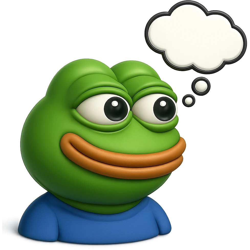 make a pepe in bright green smiling with thought bubble looking at right side in 3d style, good highlights and shadows, drop shadows emoji