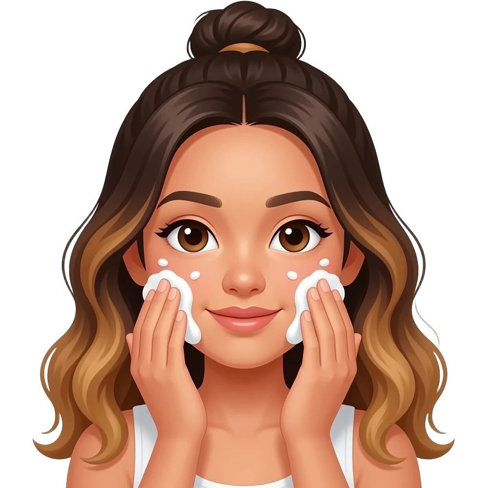 Beautiful Filipino girl beautiful eyes with long wavy hair balayage hair tied in a bun and washing face skincare emoji