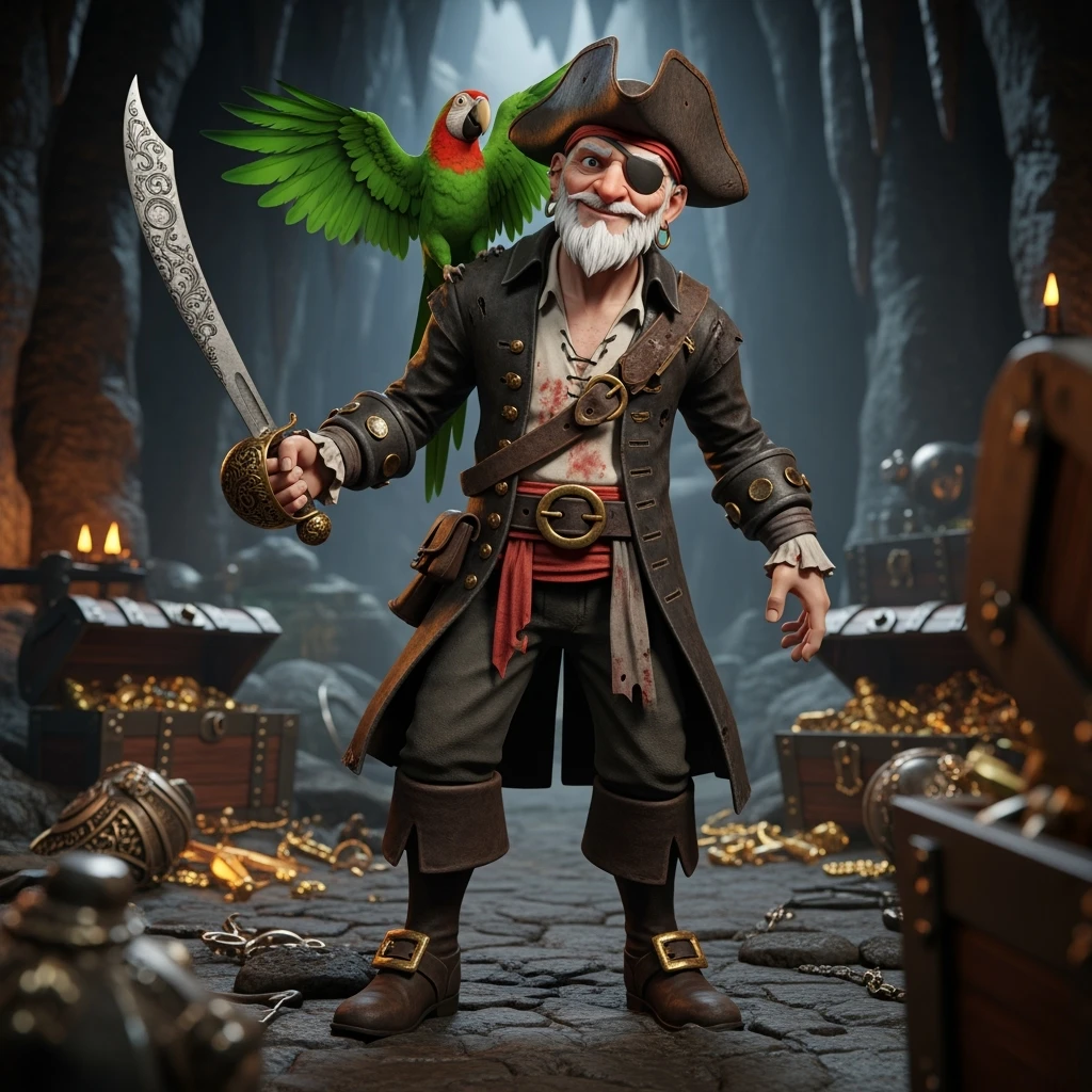 3d art of a pirate with eye patch and parrot in  emoji