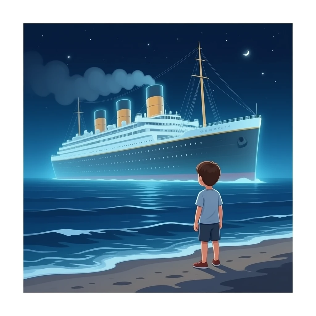 The ghostly ship The Queen Mary floats above the sea while a boy on the shore watches the scene - cut scene emoji