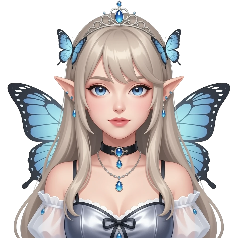 Cottagecore shiny mature gorgeous cool edgy badass realistic sweet beautiful romantic aesthetic vogue tomboy boyish super model anime lady with elvish butterfly-ears, dress, necklace, tiara, ear cuffs emoji