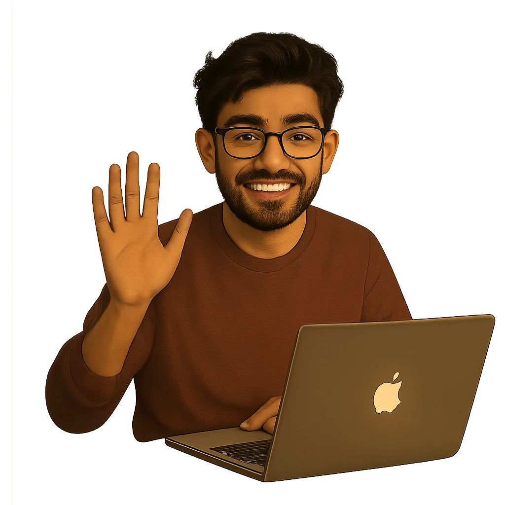 Remove the background so only the person waving and his MacBook are visible, keep the original style. emoji