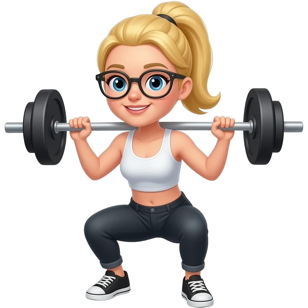 blond long hair female with glasses and pony tale doing squats with a barbell emoji