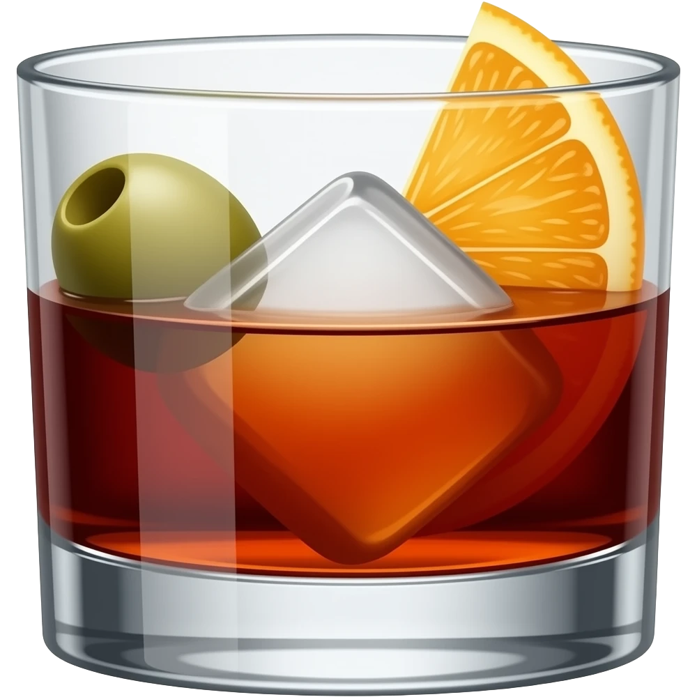 A short whiskey glass filled near the top with dark red vermouth. It has a big block of ice, an olive and a thin slice of orange in the glass too emoji