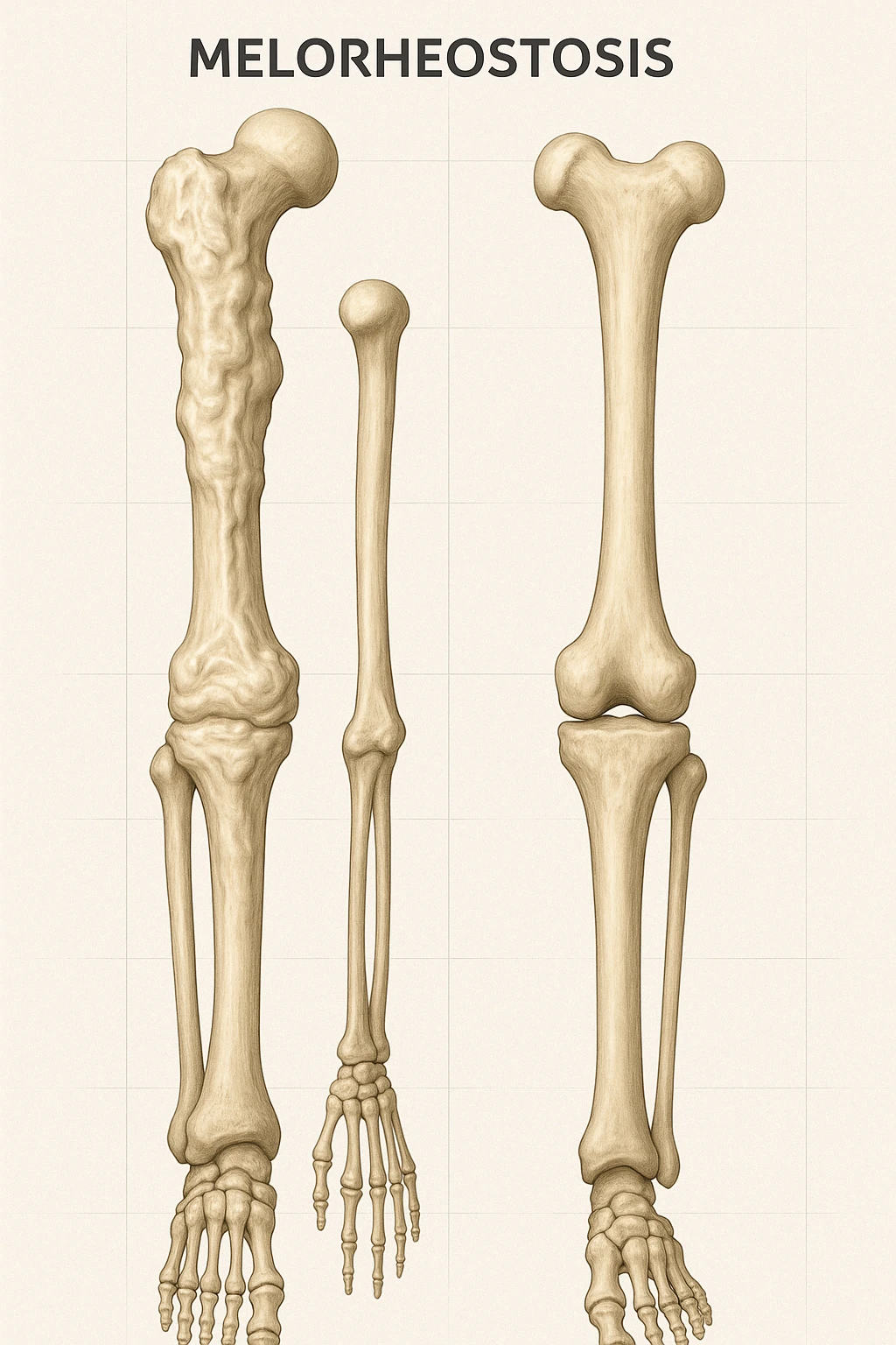 A highly realistic medical illustration focusing on a human arm and leg bones affected by melorheostosis. The bones appear visibly thickened, irregular, and larger than normal, with clear, layered bone growth resembling melted wax dripping down the side of the bones. The image shows a side-by-side comparison with a healthy bone for clarity, highlighting the difference in size and texture. The color palette includes neutral bone colors with subtle shading to show the abnormal contours and ridges. The background is clean and minimalistic, with faint anatomical grid lines for a scientific, educational feel. The overall mood is informative and precise, conveying the key visual characteristic of melorheostosis: progressive bone thickening that makes bones visibly larger and irregular. in italiano emoji