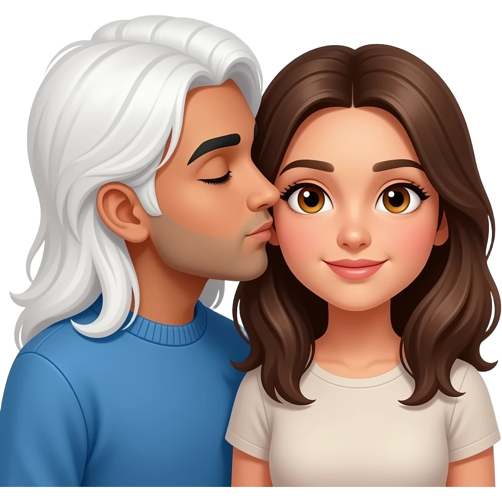 Brown Pakistani boy with no facial hair, long white shoulder-length hair, wearing a blue sweater, kissing an neutral-toned girl with hazel eyes and shoulder-length brown hair emoji