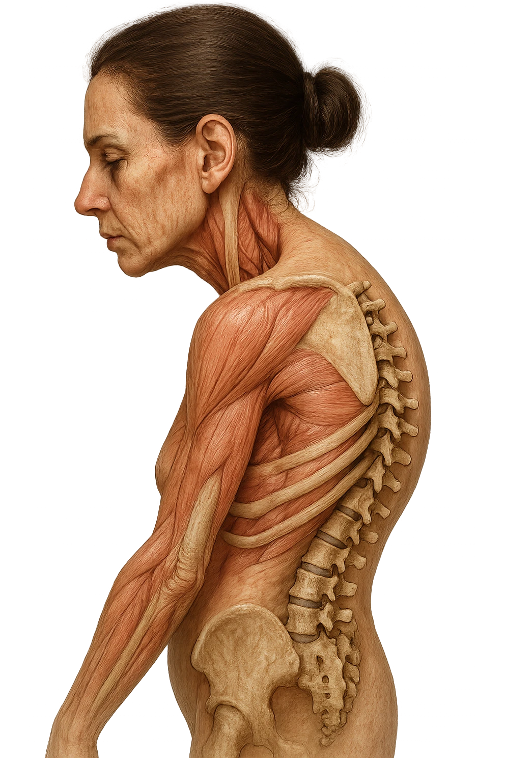 donna anatomica di profilo con spalle chiuse in avanti e postura storta, spina dorsale anatomica visibile, iperrealistico 4k emoji