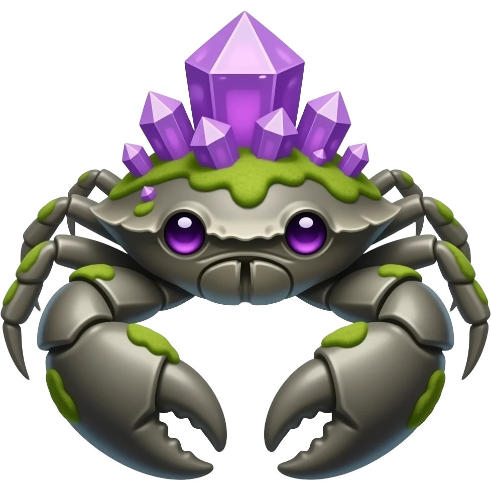 A big Gray crab with moss on its back in with purple crystals on its back and also with purple eyes facing forward emoji