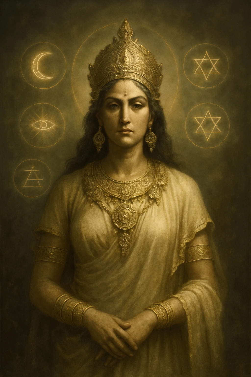 goddess, ancient, regal, gold jewelry, mystical symbols, divine presence emoji