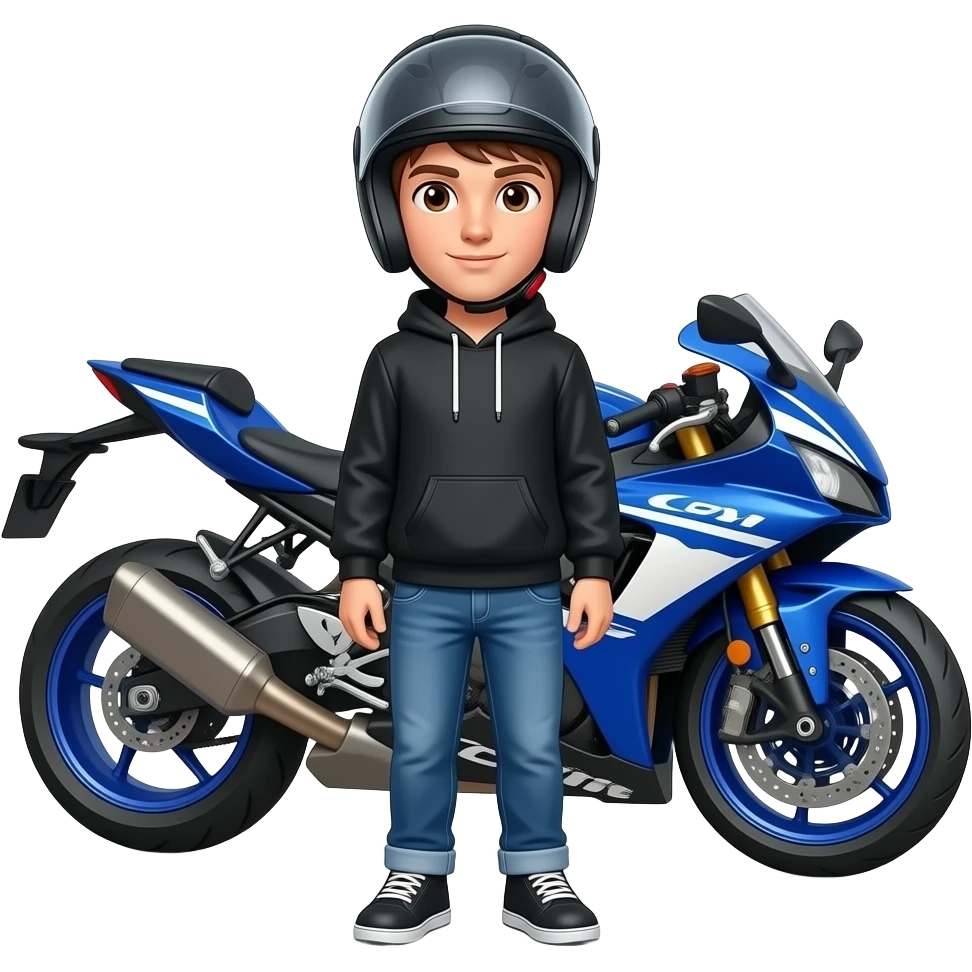 young man with blue jeans and a black hoodie wearing a black motorcycle helmet and in front of him is standing a blue white motorcycle emoji