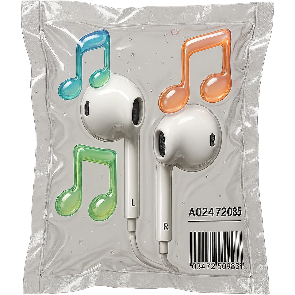 pair of white EarPods with three floating glass music notes in soft gradient colors, glossy and inflated emoji