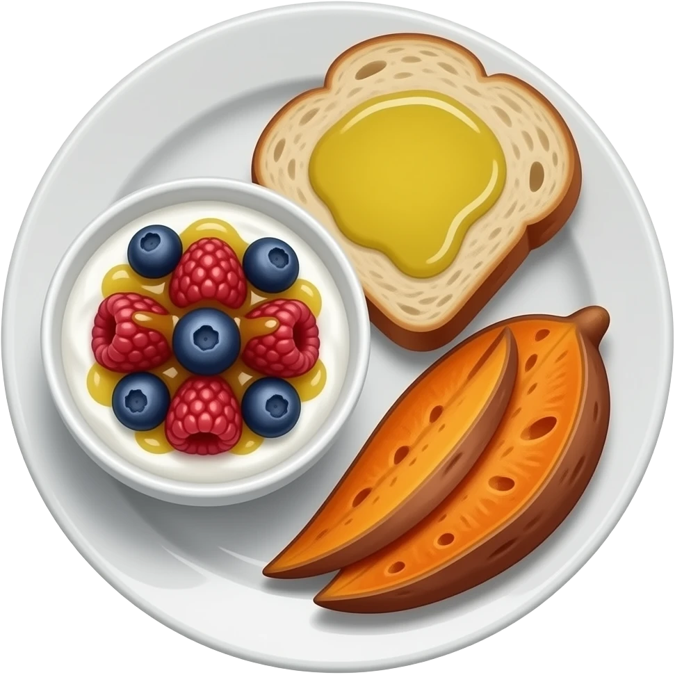 Realistic Plate with greek yogurt bowl topped with blueberries raspberries and maple syrup and sourdough slice topped with a lot of olive oil and a sweet potato on the side HD emoji