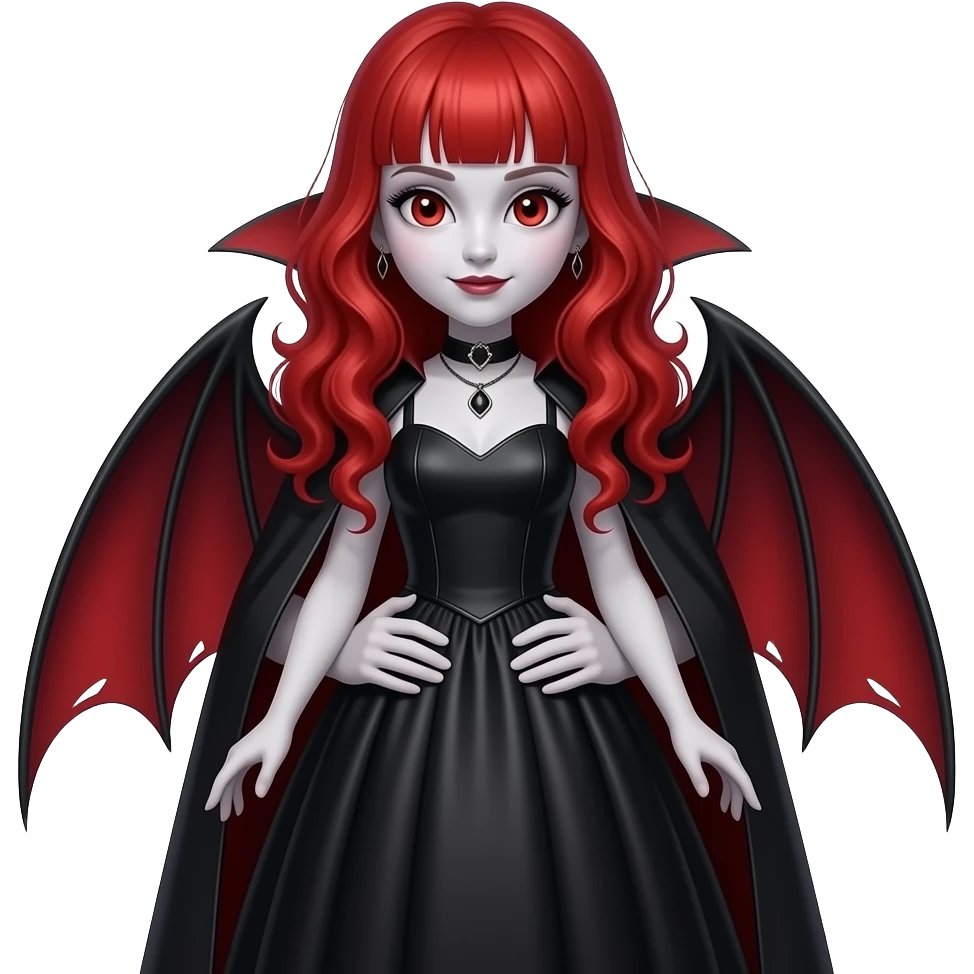 Vampiro femmina 12enne con capelli lunghi rosso fuoco ondulati e con una frangetta con pelle bianca che indossa un vestito stretto in vita e largo sotto lungo e sta in braccio al papà vampiro emoji