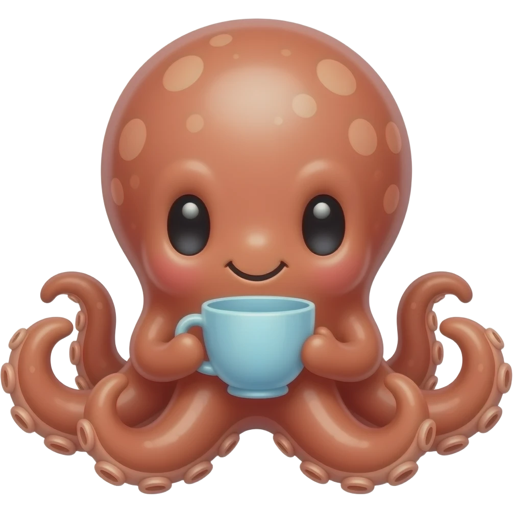 Cute octopus sitting low, holding a glass teacup, front-facing whimsical pose emoji