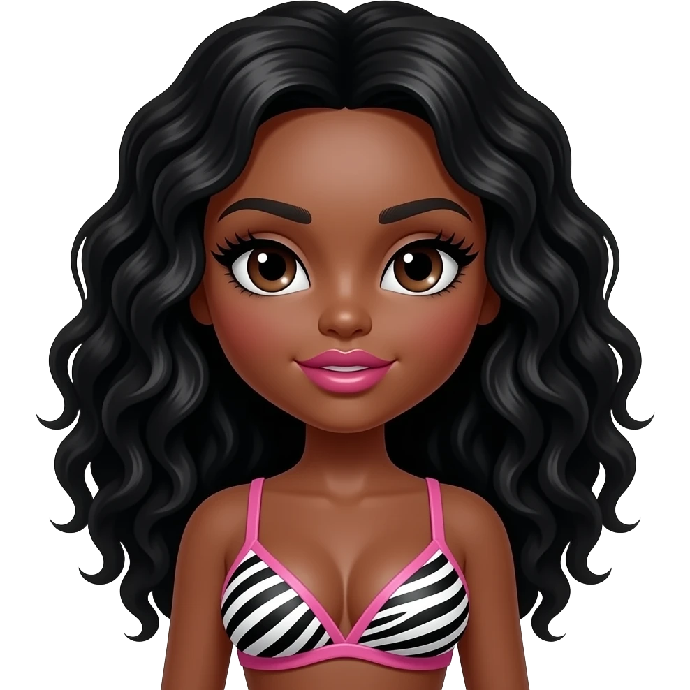 Baddie lashes, dark brown, doll eyes, doll body, Black girl, dark brown skin with long curly black hair, black eyebrows, doll eyes, with giant breast, giant pink lips, plastic surgery, zebra print with pink straps emoji