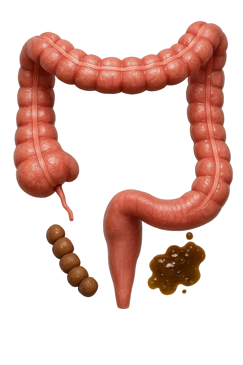 INTESTINO UMANO ANATOMICO REALISTICO CON FECI A PALLINE E FECI LIQUIDE CHE FLUTTUANO DIETRO BEN DISTINTE, IPERREALISTICO 4K emoji