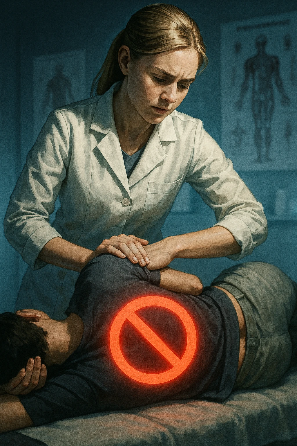 cinematic vertical medical illustration of young female osteopath with fair skin and straight blonde hair in ponytail wearing crisp white coat performing lumbar rotation manipulation on patient lying on side, vivid glowing red prohibition sign superimposed over patient's lower back indicating technique not suitable for postural asymmetry, softly blurred modern clinic background with anatomical posters and subtle blue lighting, dramatic high contrast filmic editorial style emphasizing warning emoji