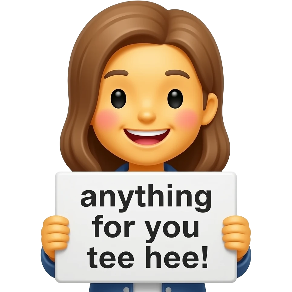 Yellow smiley blushing in love holding up a sign sign that says "anything for you tee hee" emoji