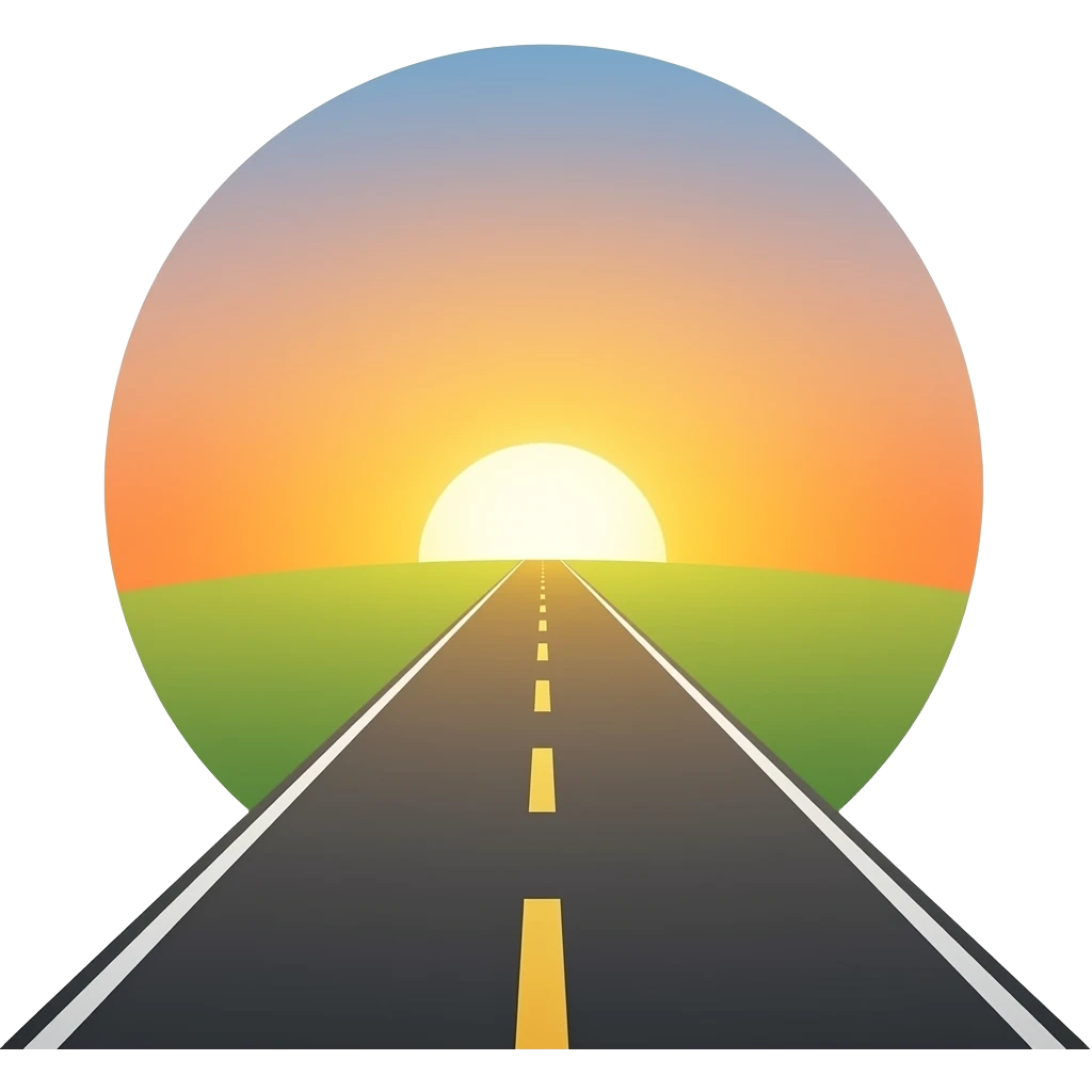 Minimalist flat design icon of a road or path leading toward the horizon, soft gradients, warm tones, representing the journey into the future emoji