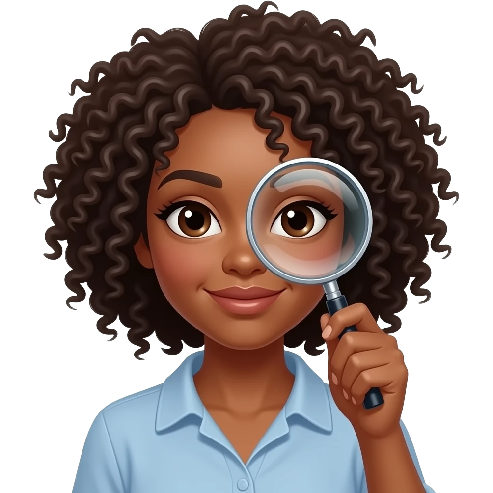 women with dark skin and curly hairs and hold mangnifying glass in her hand emoji