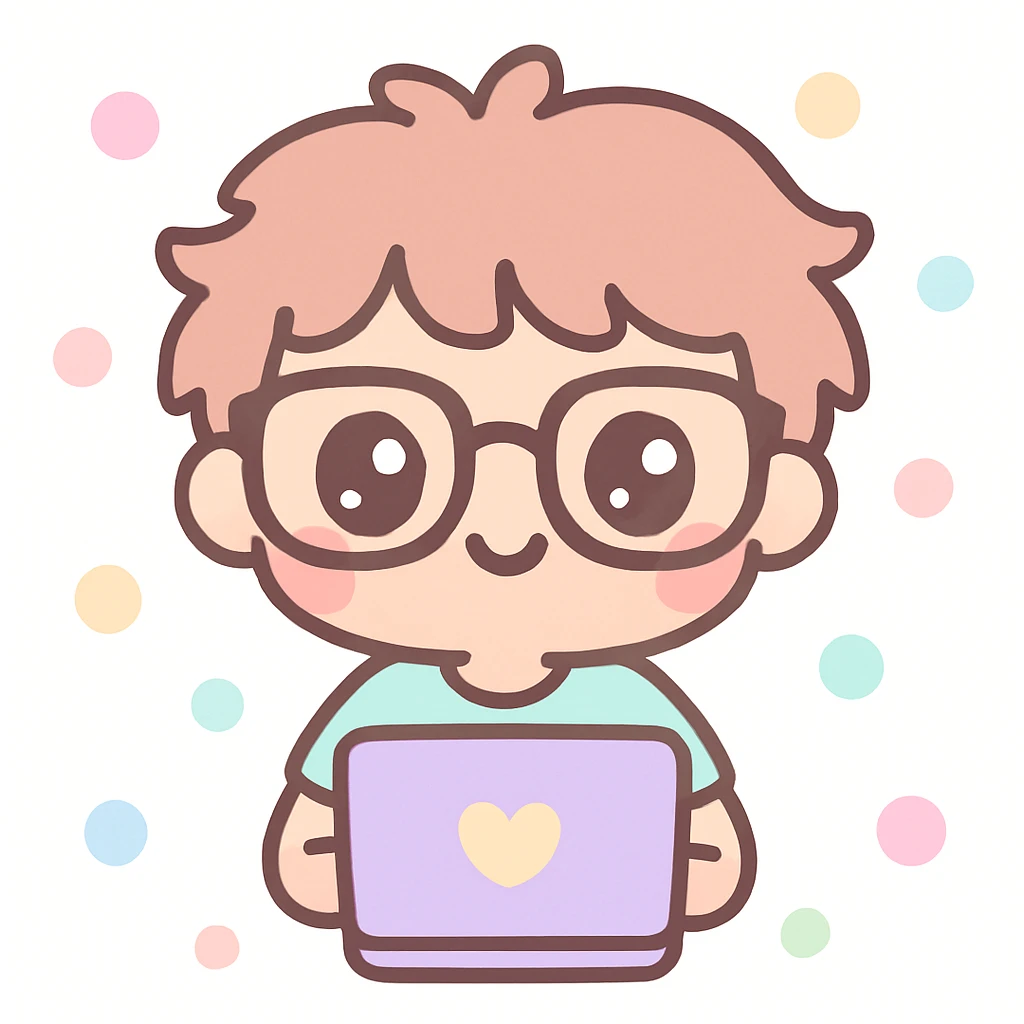 computer nerd icon, thick glasses, messy hair, playful, kawaii cartoon style emoji