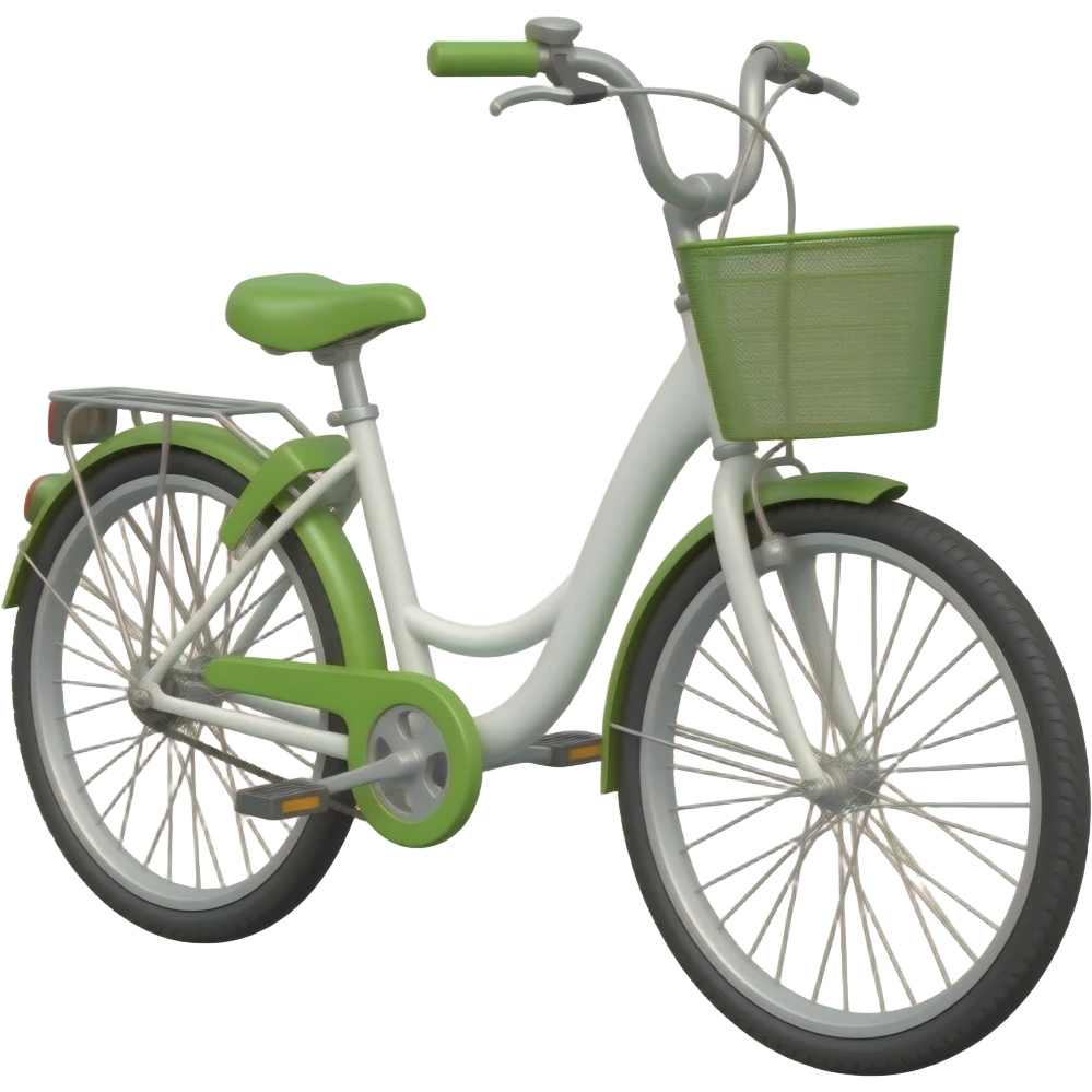 aesthetic bicycle emoji, minimal design, clean white bike with green accents, front basket, centered composition, soft lighting emoji