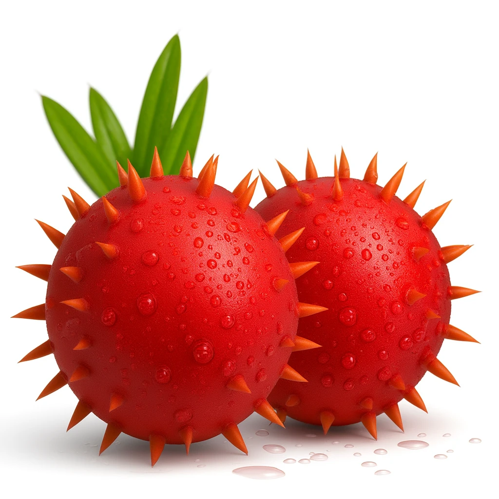 Add subtle water droplets to the red, round Stenocereus fruit with short spikes, realistic style, keep background white. emoji