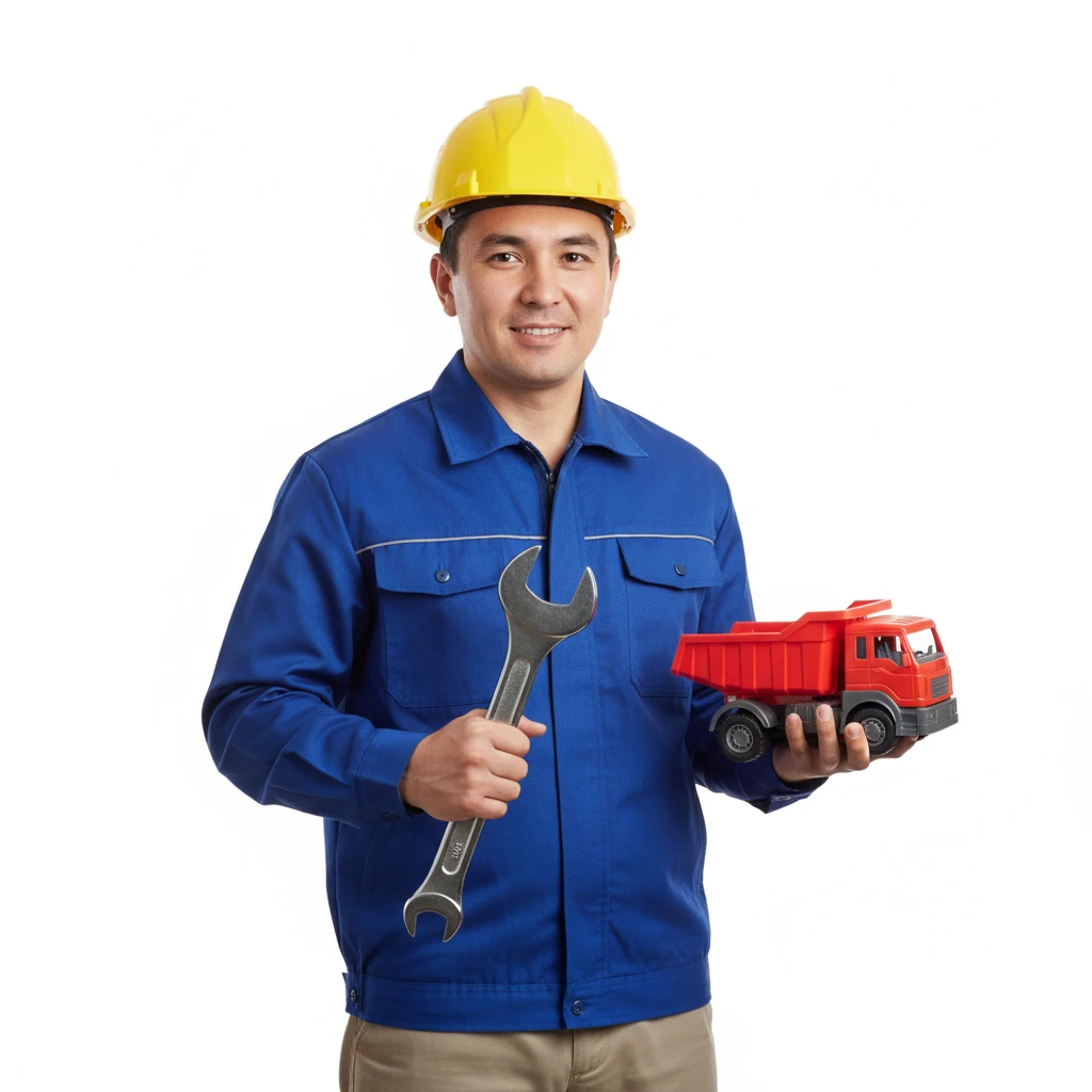 нарисуй узбека в строительной каске с ключом гаечным в одной руке и машинкой игрушечной в другой руке, без фона emoji