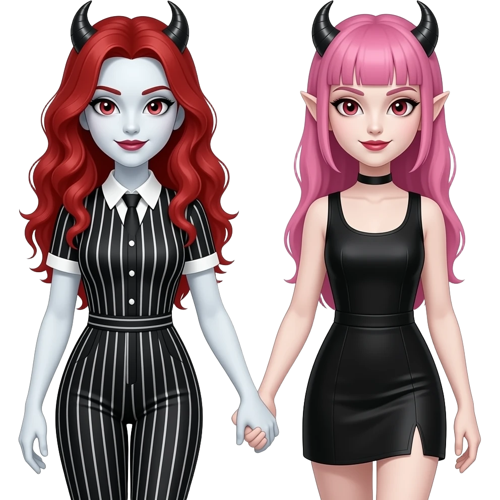 Vampiro femmina ADOLESCENTE con pelle bianca e capelli rosso ondulati lunghi che indossa un TUBINO a strisce NERE e BIANCHE ORIZZONTALI e il colletto con le maniche corte e bianche che cammina a braccetto con la sua amica VAMPIRO femmina con la pelle bianca e i capelli rosa e frangia emoji