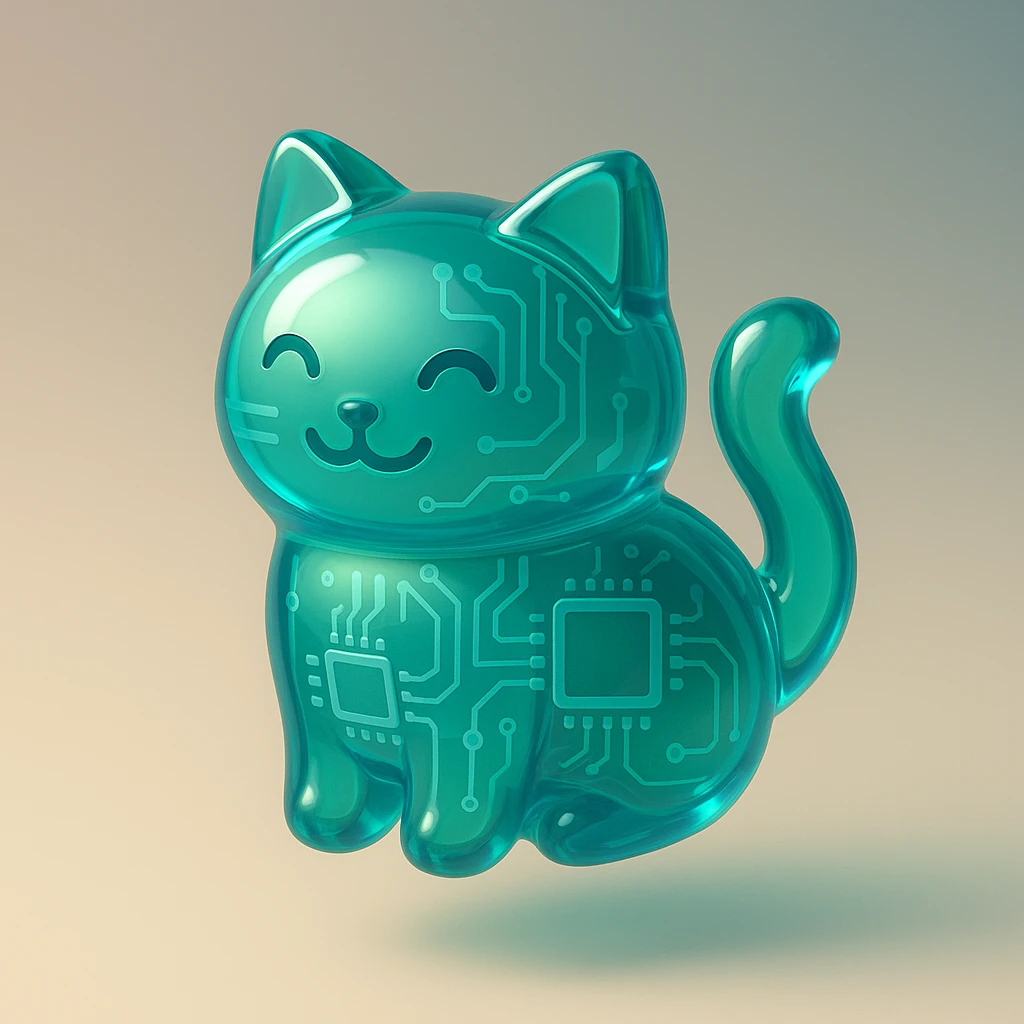 Windows Vista-inspired icon of a cat, with glossy glass-like finish, soft lighting, blue-green color scheme, friendly modern look fitting seamlessly with Vista system icons emoji