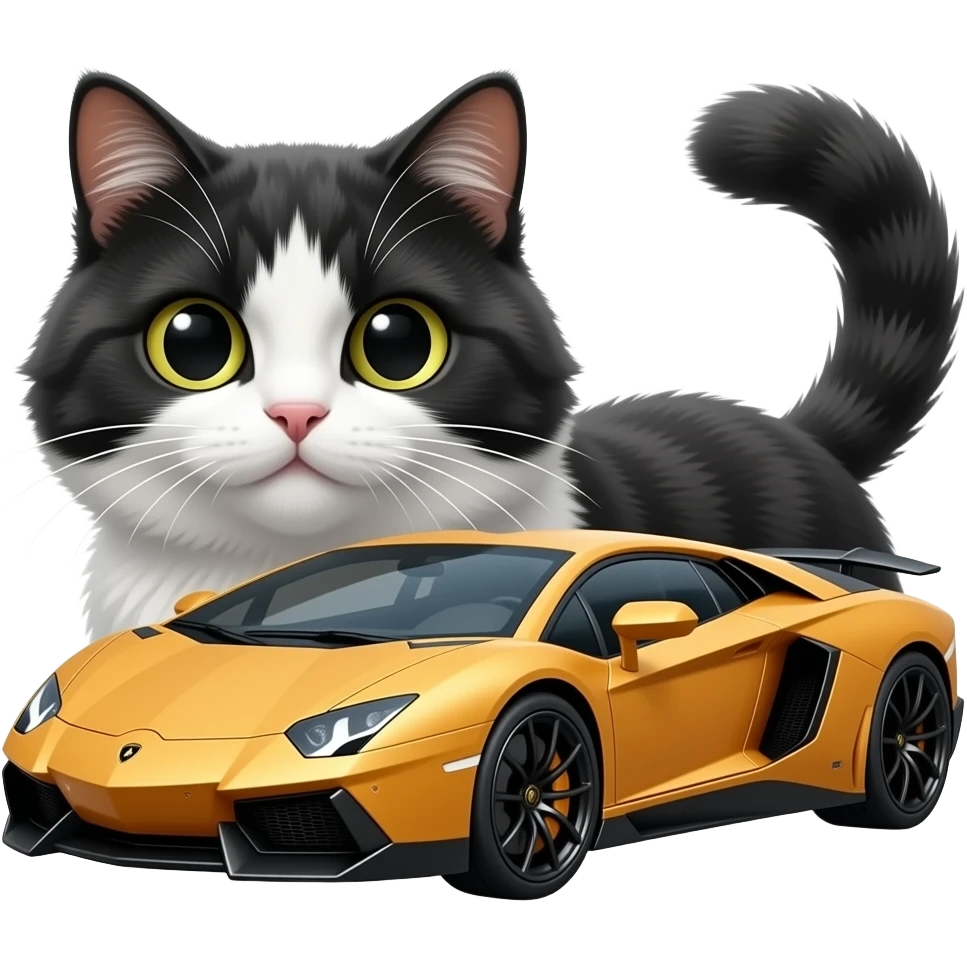 A fluffy black and white cat in a Lamborghini emoji