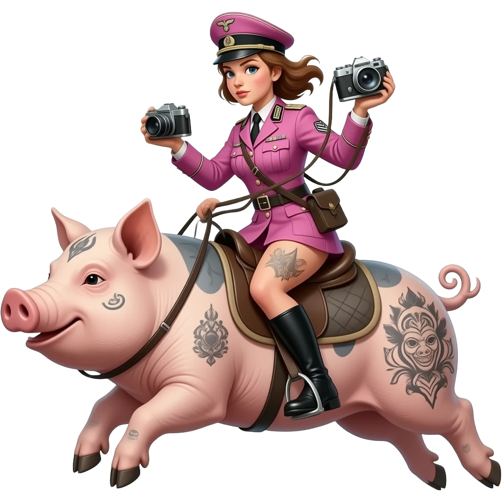 cinematic realistic - skinny and dirty female rider in pink German army uniforms from World War II ride jumping on large tattooed pigs with antique cameras in their hands. emoji