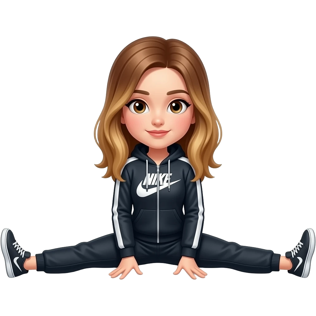 Light brown hair with highlights, wearing Nike track suit doing splits in a gif image moving emoji
