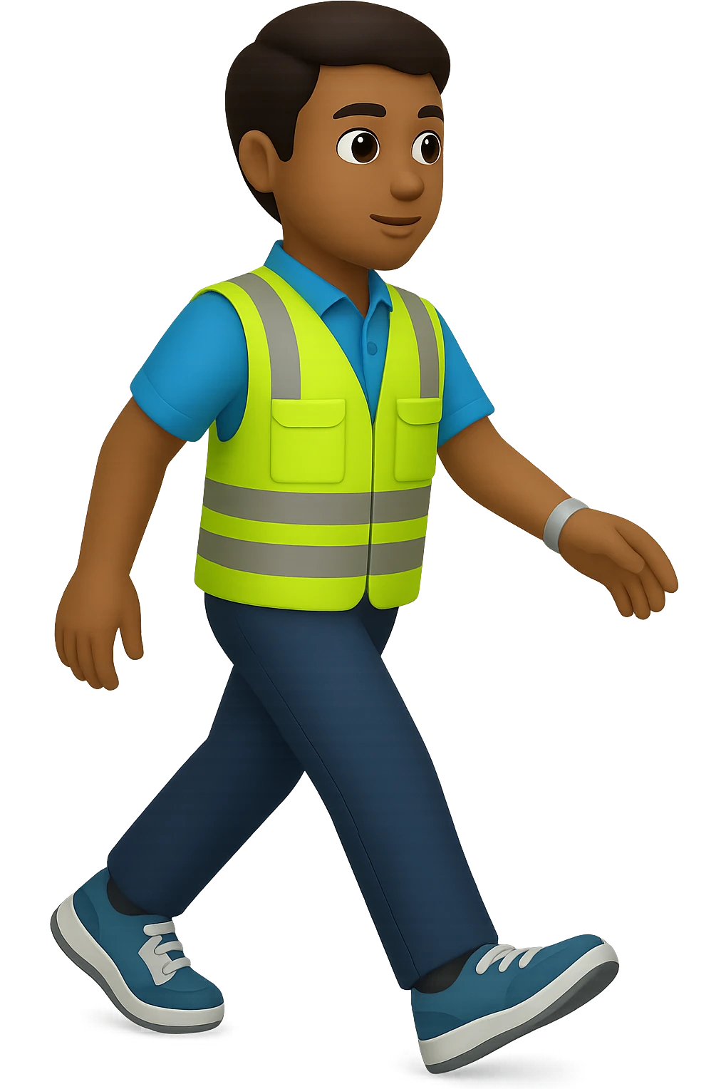 Edit the image to depict a full-body person walking, wearing a high-visibility vest, no hard hat, wearing trainers, in the style of apple emojis, with no background (transparent). emoji