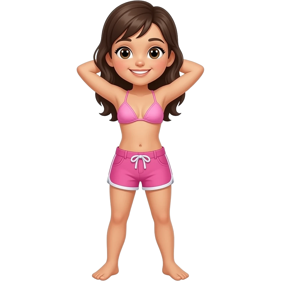 A cartoon girl in a light pink bikini with pink trunks with a white drawsting and hands behind her head!. And her full body is seen! emoji