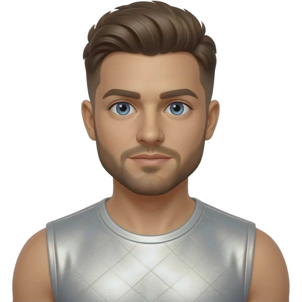 Justin Jeffre from 98 Degrees with blue eyes, brown buzz cut hair and short beard, white metallic sleeveless shirt emoji