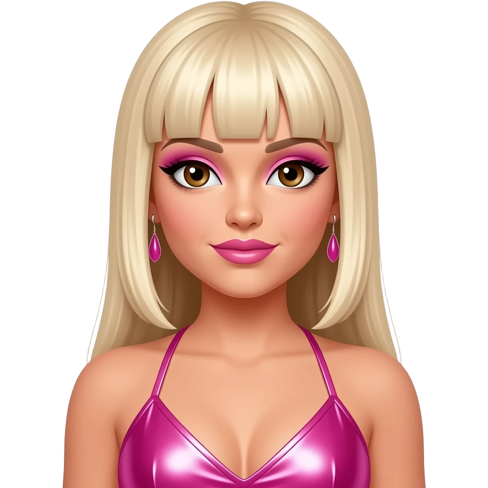 Ashley Roberts from The Pussycat Dolls with brown eyes, long blonde straight bang hair, pink eyeshadow and lipstick, hot pink metallic halter dress, earrings emoji