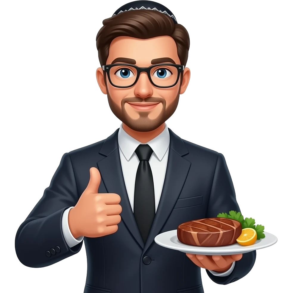 Young White man in nice suit with black kippa and glasses full body giving thumbs up and serving a steak emoji