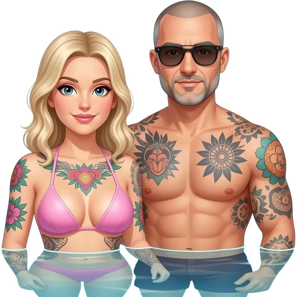 Naked couple in a pool. Woman has blonde hair, large breasts with light pink nipples, blonde hair and many tatoos. Man is very tall, bald, salt and pepper short-trimmed beard, wearing sunglasses with tattoos on both shoulders emoji
