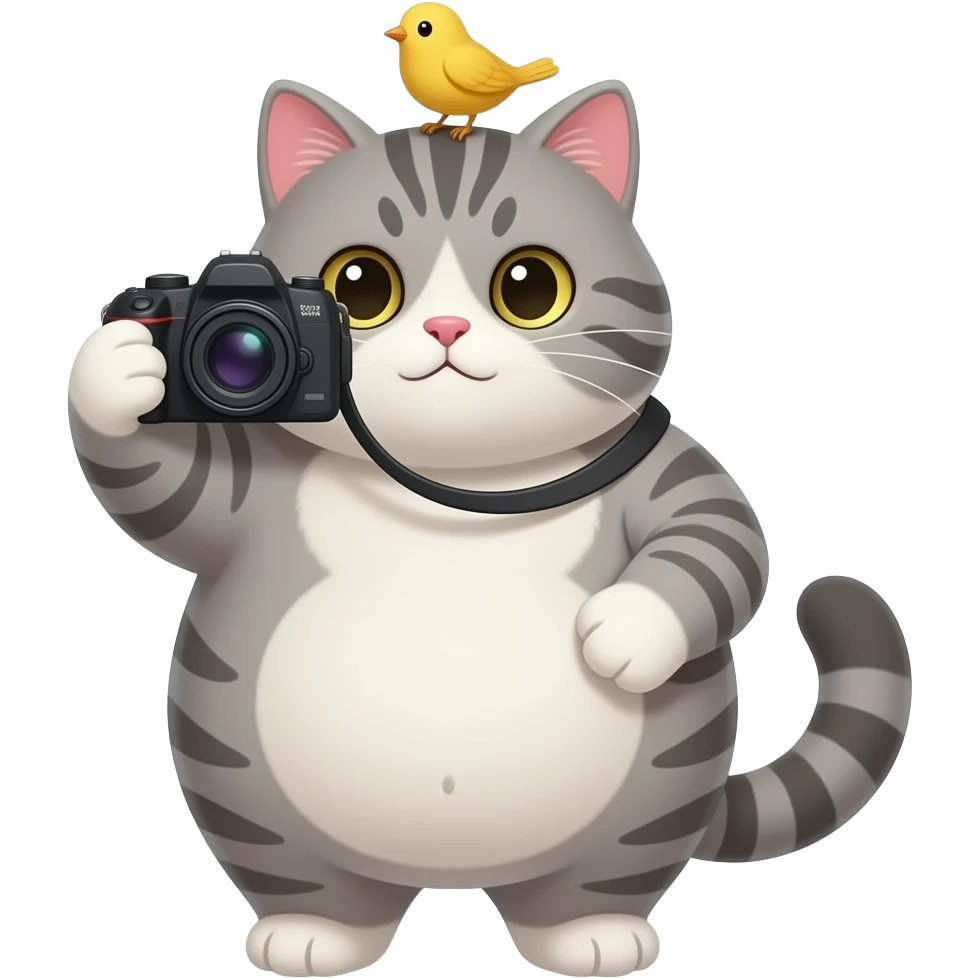 a cute loveable fat gray tabby cat with a small yellow bird on his head, taking a photo with a camera. the image must be a transparent .png. no light or dark border or outer glow or stroke around the image contour emoji