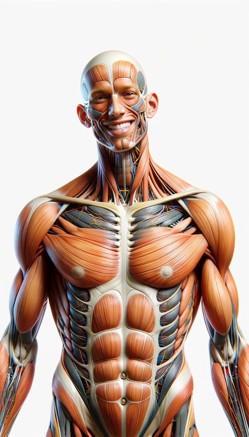 corpo umano anatomico a figura intera che sorride rilassato, iperrealistico 4k, isolato su sfondo bianco emoji