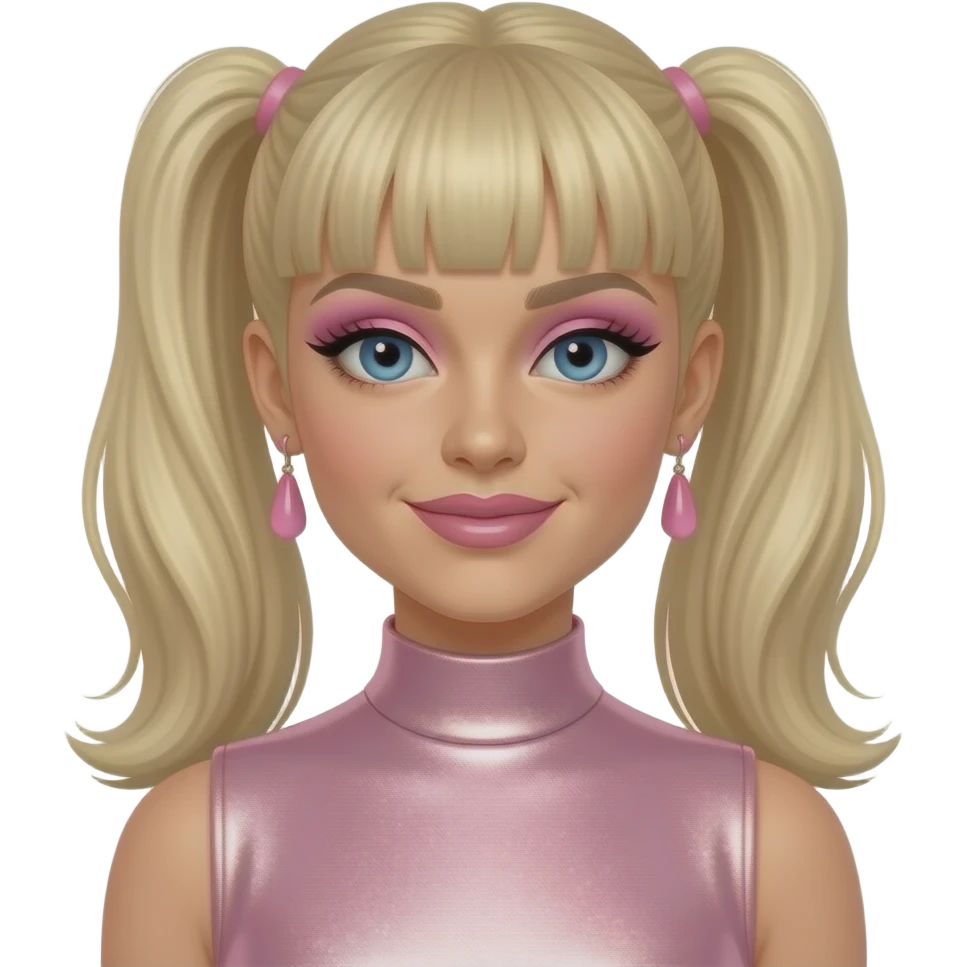 Emma Bunton from Spice Girls with blue eyes, long straight blonde two high ponytail hair with bang, pink eyeshadow, pink lipstick, light pink metallic high neck dress, pink earrings emoji