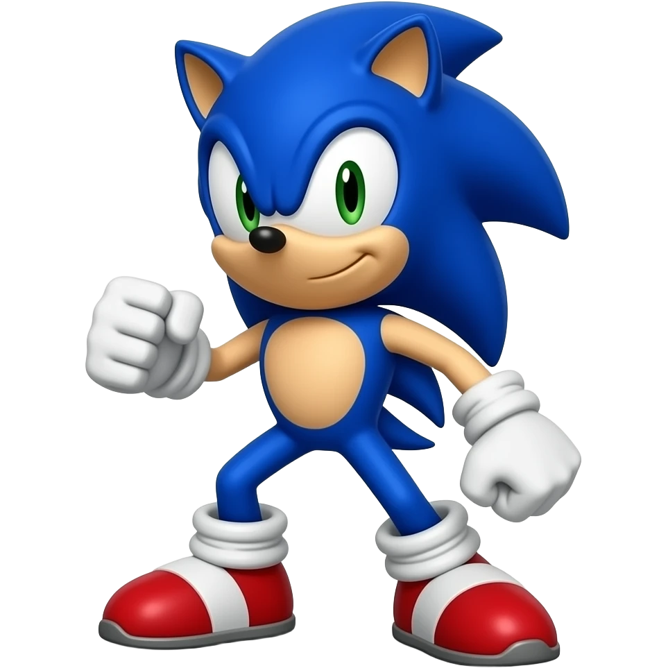 Blue anthropomorphic hedgehog viewed from low angle, heroic stance, white gloves, vibrant 3D emoji style emoji