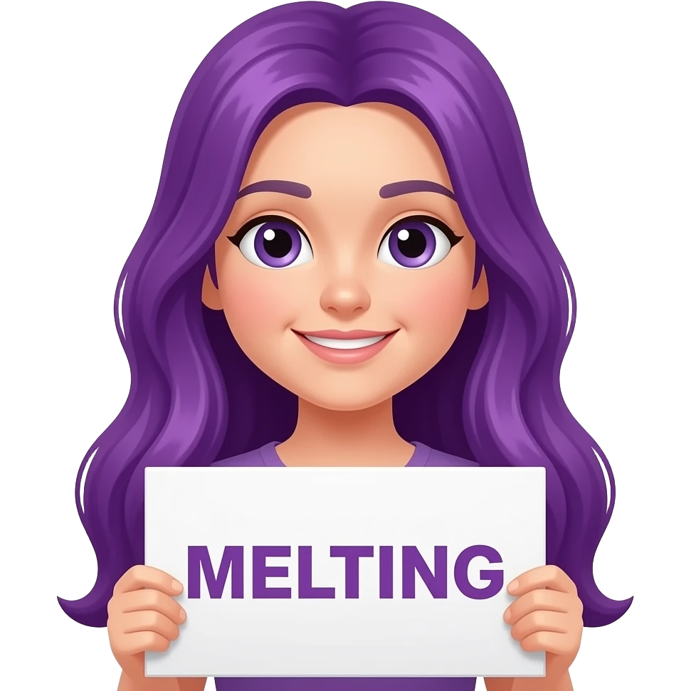 girl with long purple hair holding a MELTING... sign emoji