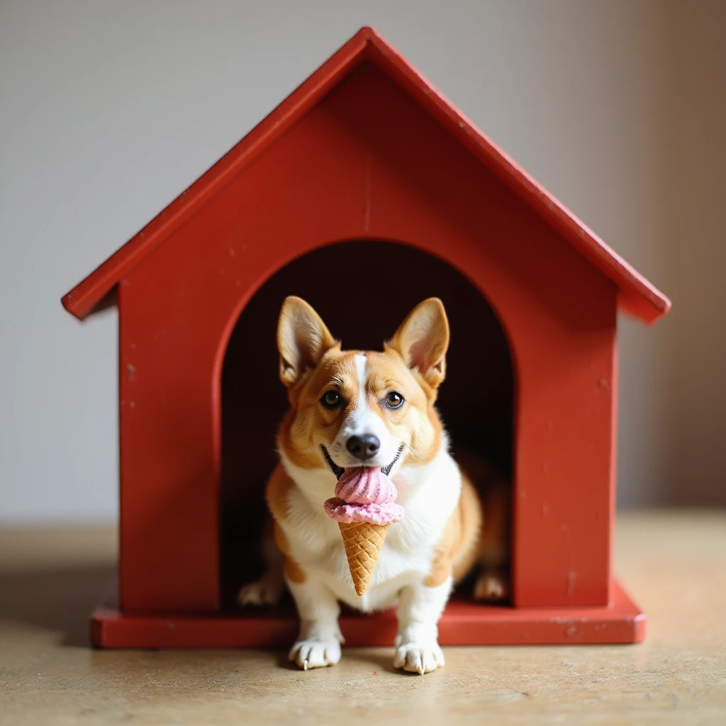 realistic red dog house with a Corgi dog inside, Corgi with a ice cream, photorealistic style emoji