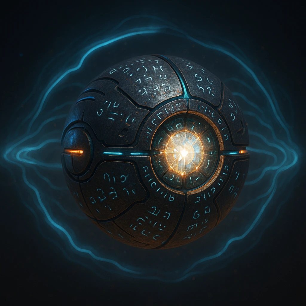 A S'pht Pfhor dialect radio transmission compiler: a floating, orb-like artifact with embedded runes, radiating energy waves, and a central crystal core. The style is otherworldly, with a dark metallic body and glowing blue and orange accents. emoji