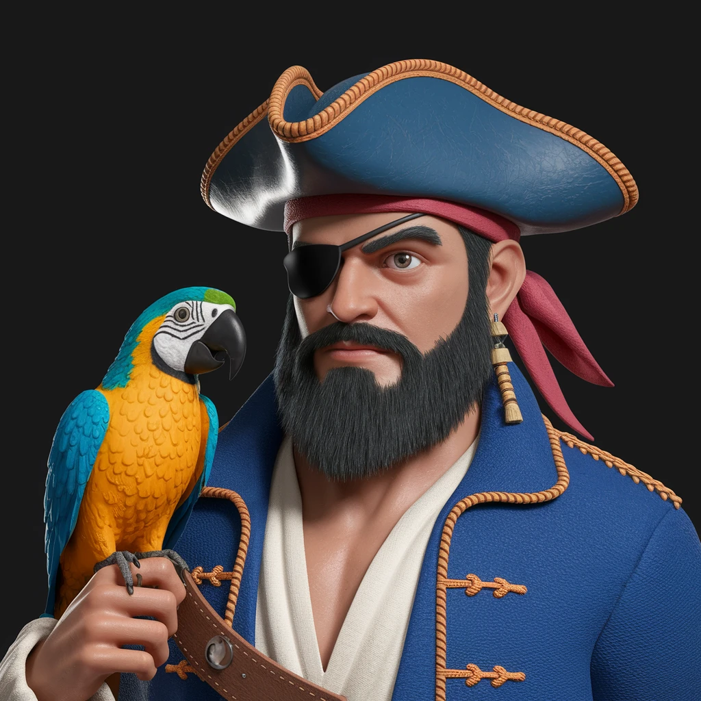 digital 2d art of pirate with eye patch and parrot emoji