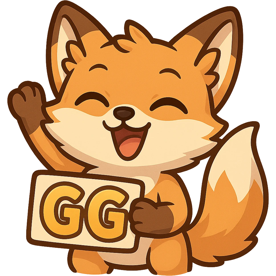 playful and cheerful fox emote for twitch saying GG (good game), joyful and lively emoji
