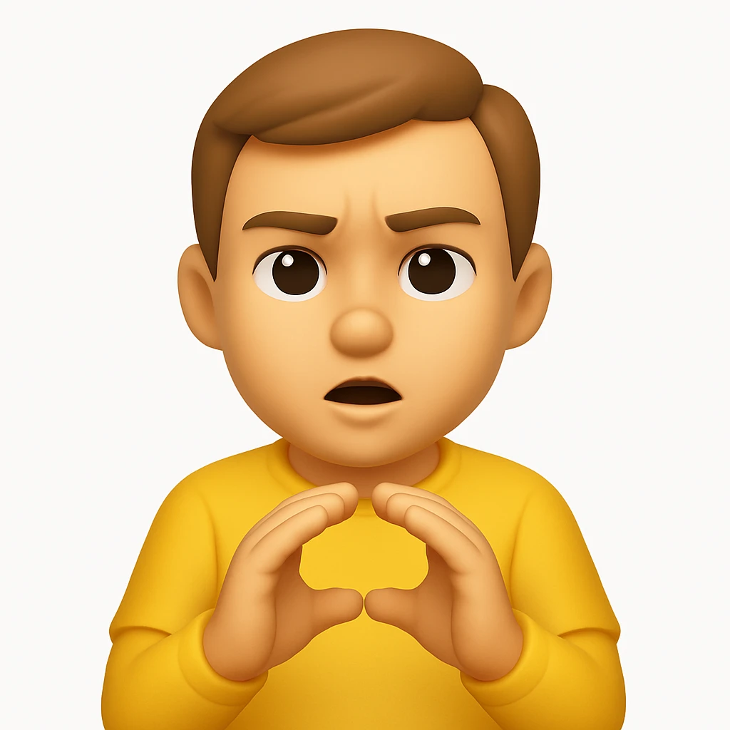 A 3D emoji in iOS emoji aesthetic style of a cartoon person holding both hands close together in front of their body, palms facing each other to show a narrow space or small distance, with a focused or explaining expression, glossy Apple-style rendering, clean white background emoji